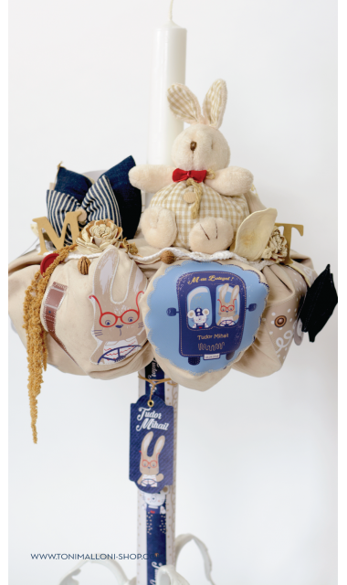 Lumanare de botez pentru baieti cu iepuras si denim, 65x4 cm, Blue Jeans Bunny 2